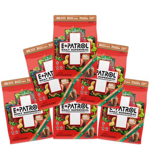 Six E+PATROL smoothie mix pouches arranged in a pyramid