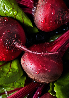 Close-up of fresh beets with deep red stems and leaves, with water droplets